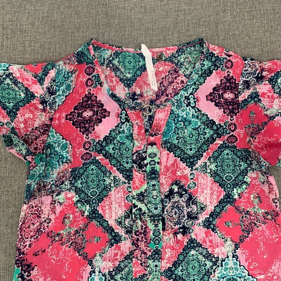 NY Collection Cute Lightweight Blouse Pink Green Round Neck Petite Small - Picture 2 of 12